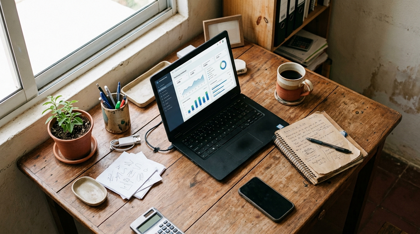 Escritorio de un dueño de negocio con laptop mostrando un dashboard de marketing simple, representando la decisión entre agencia, freelancer o hacerlo internamente