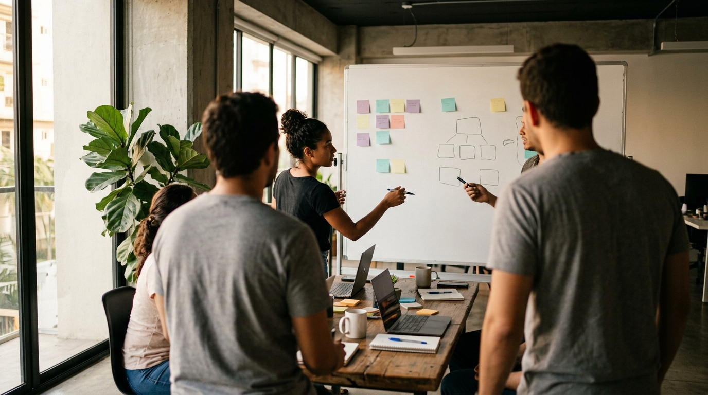 Equipo de una agencia de marketing revisando estrategia en una pizarra dentro de un coworking en Santo Domingo