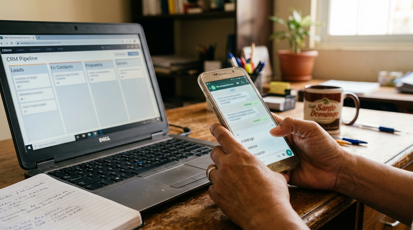 Dueño de negocio revisando un pipeline de CRM en laptop mientras responde por WhatsApp Business desde el celular