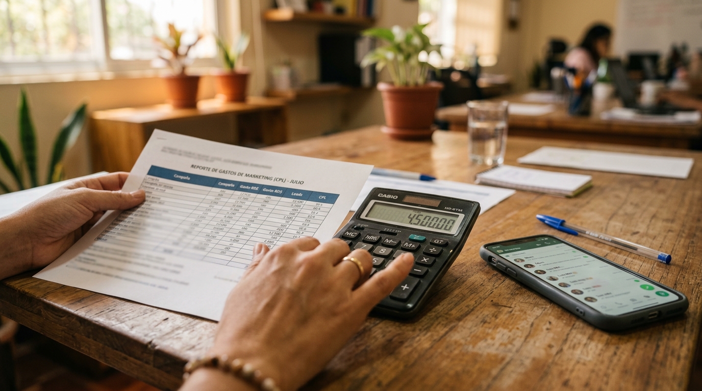 Dueño de negocio revisando un reporte de gastos de marketing con calculadora, mientras compara con el CRM en su celular