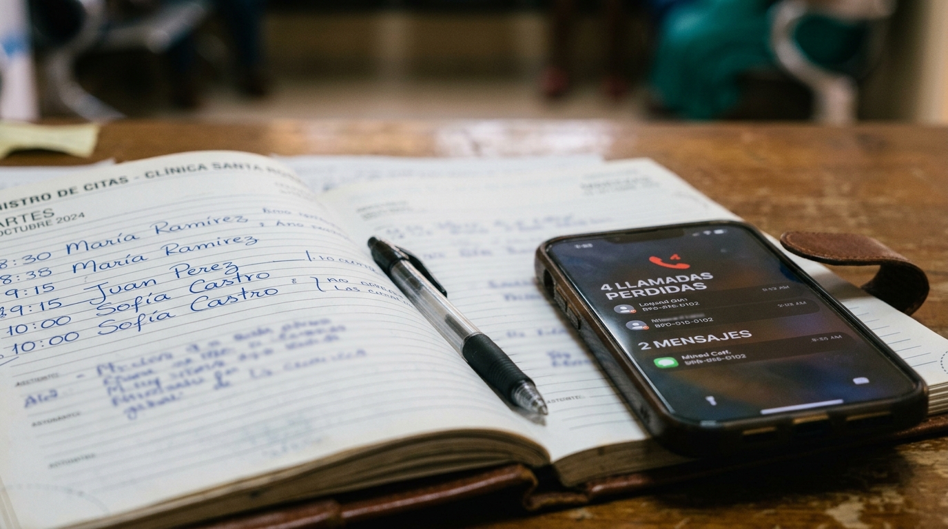 Agenda de citas médicas junto a un celular mostrando llamadas y mensajes sin responder, representando el volumen de contactos que necesita seguimiento