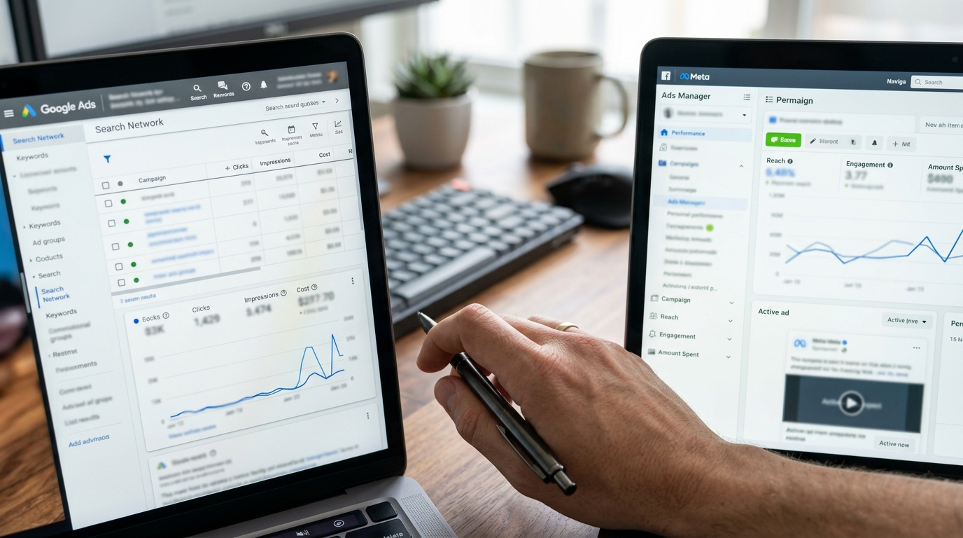 Comparación lado a lado de los dashboards de Google Ads y Meta Ads Manager en dos laptops