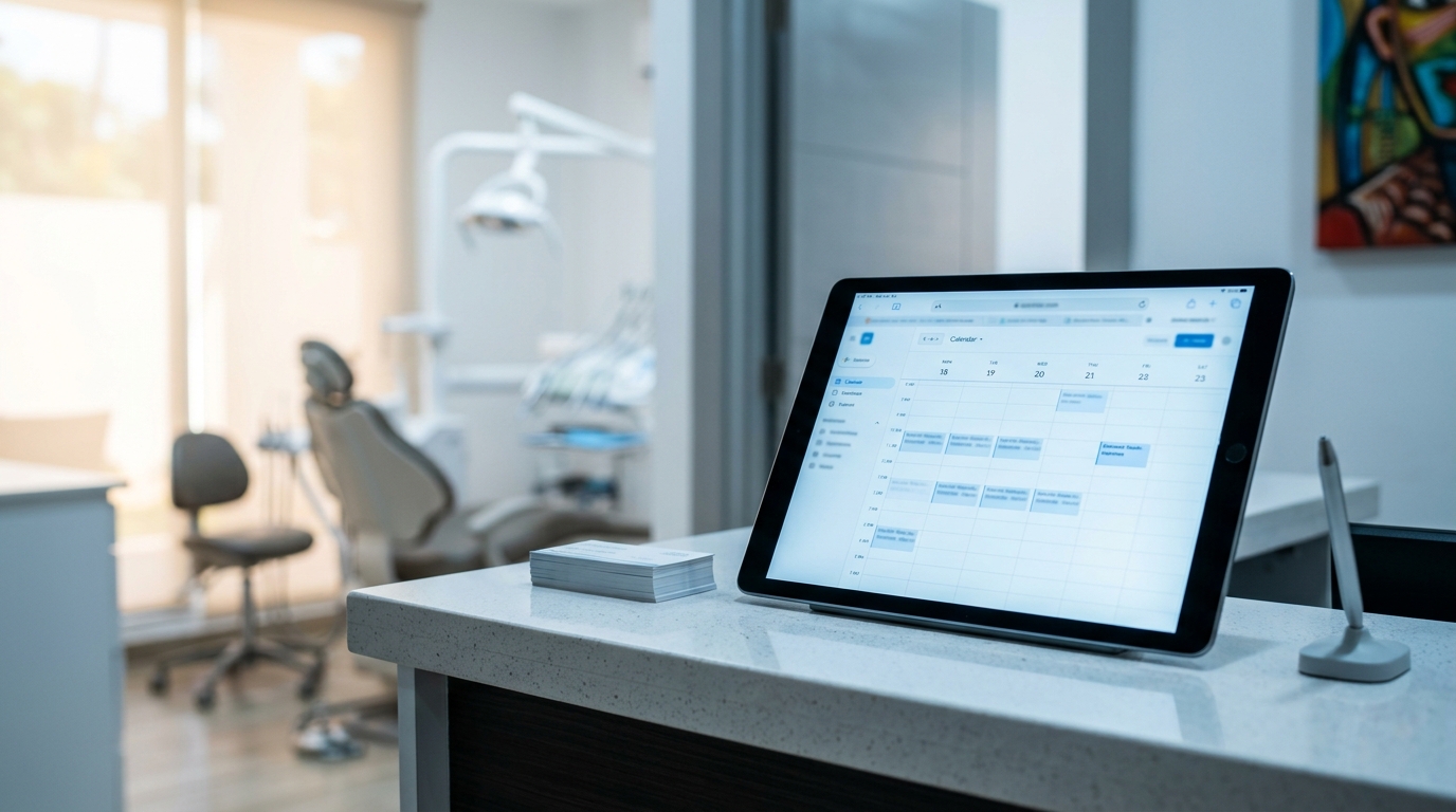 Tablet con calendario de citas en la recepción de una clínica dental moderna