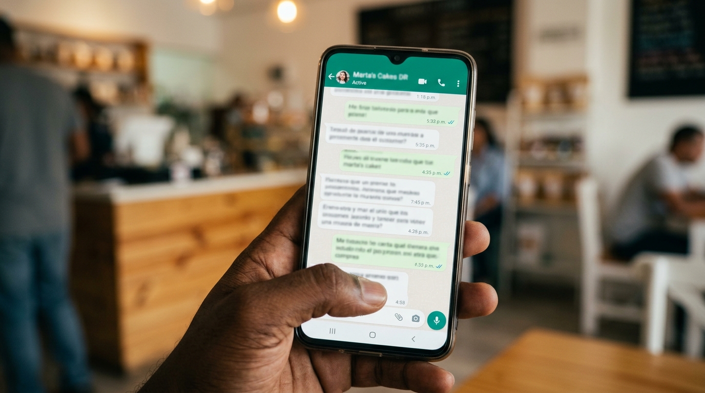 Dueño de negocio local respondiendo mensajes de WhatsApp Business desde su celular