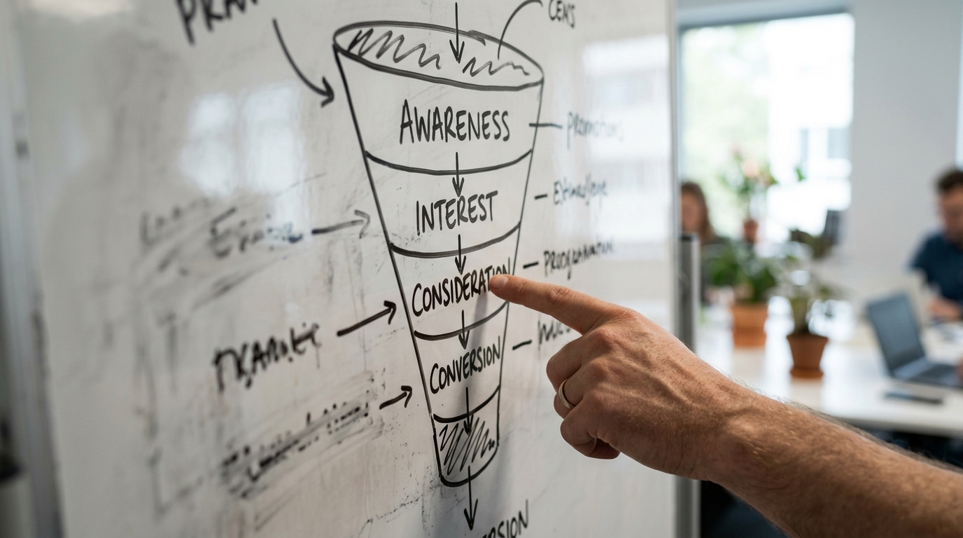Diagrama de embudo de ventas dibujado a mano en una pizarra, con las etapas awareness, interest, consideration y conversion