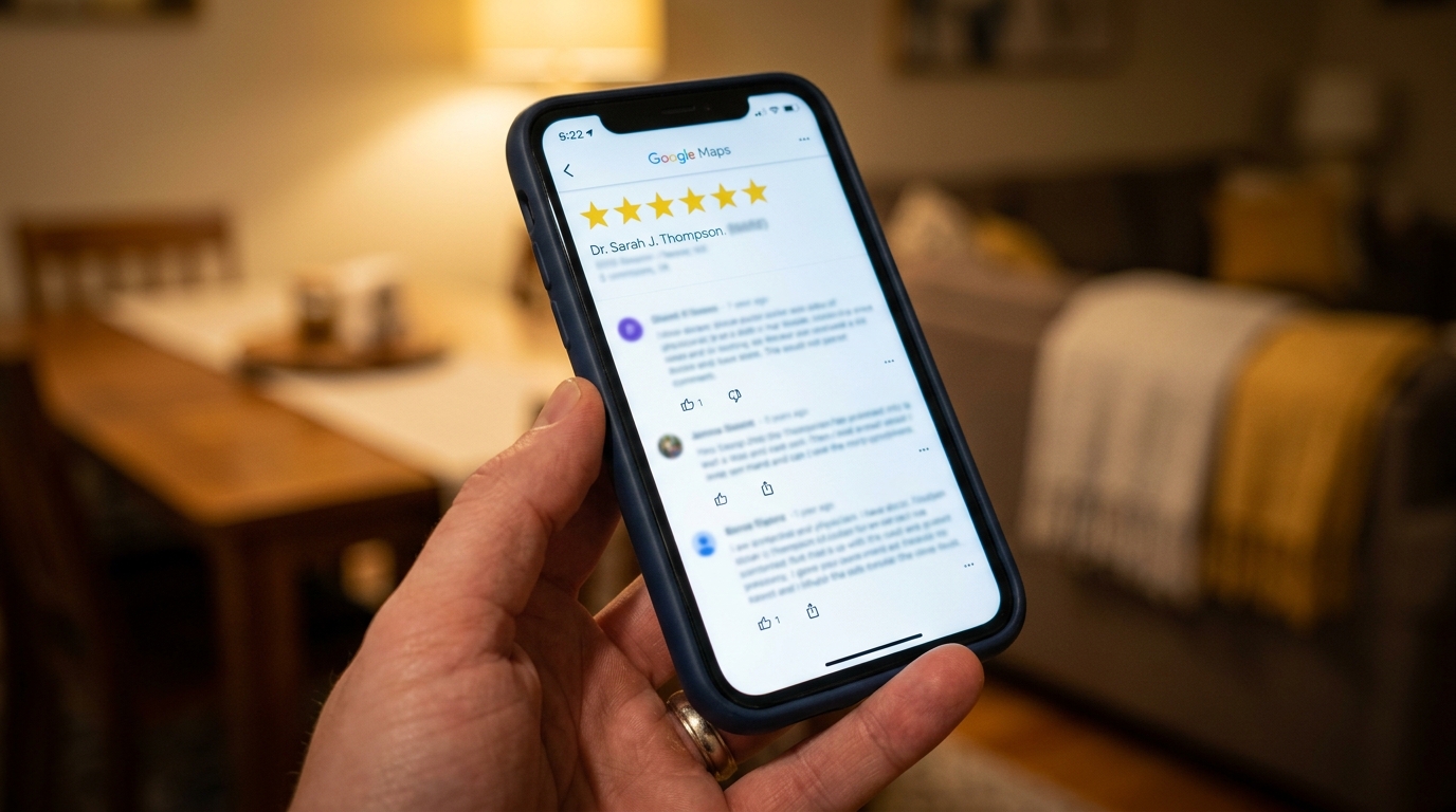 Celular mostrando reseñas de 5 estrellas de un médico en Google Maps