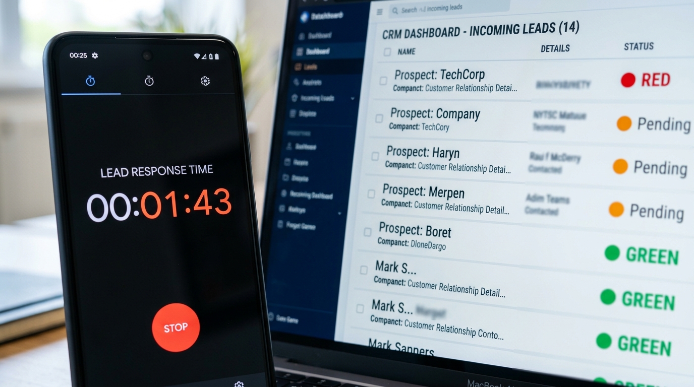 Cronómetro de tiempo de respuesta a leads junto a un dashboard de CRM con el estado de contactos nuevos